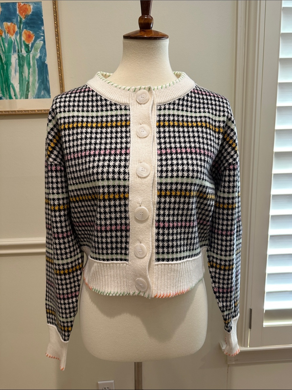 Maeve Houndstooth Cropped Cardigan — Black, White & Accent Stripes